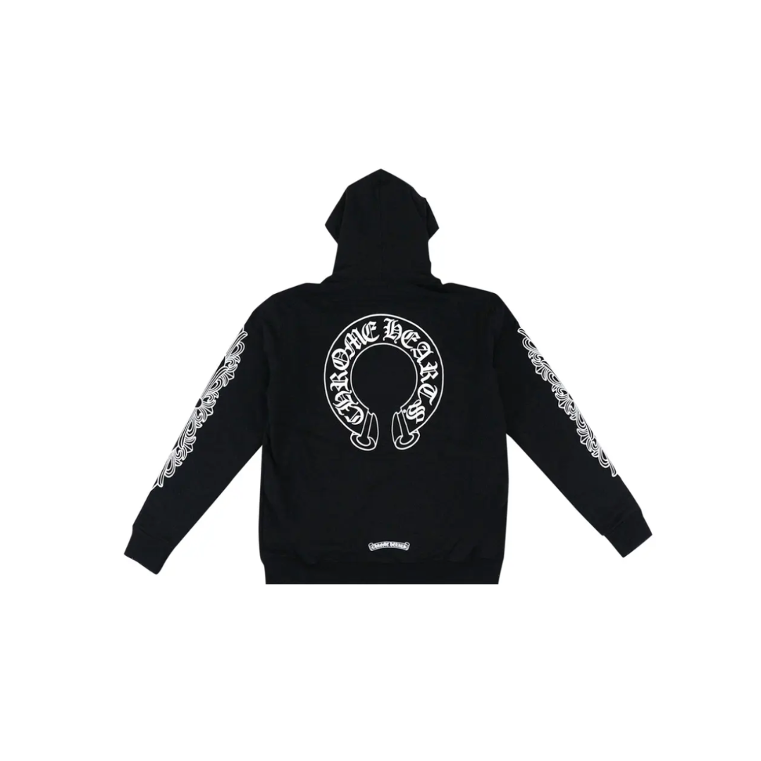 Chrome Hearts "Horseshoe Floral Cross Sleeve" Zip Up Hoodie (Black/White)