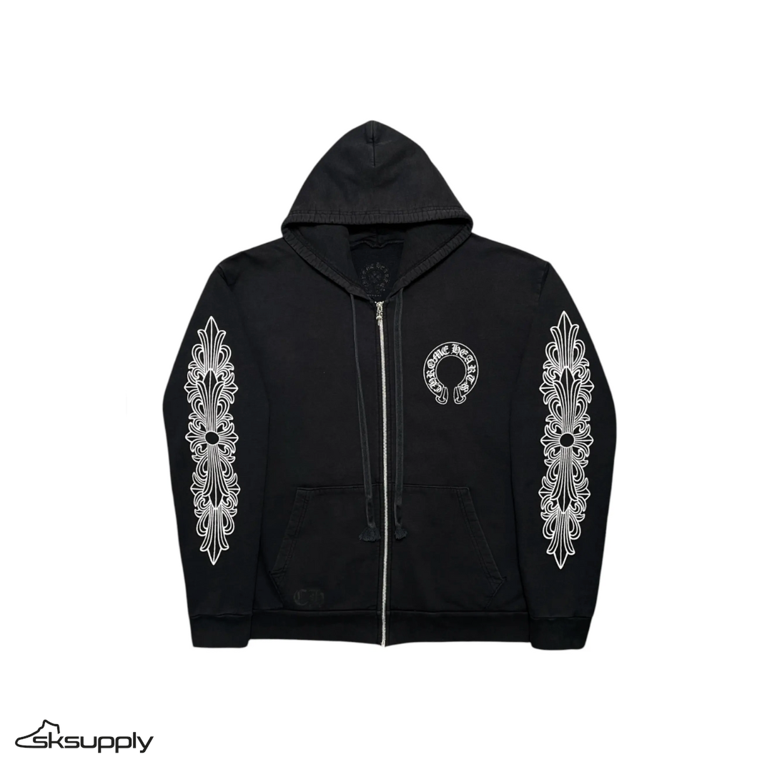 Chrome Hearts "Horseshoe Floral Cross Sleeve" Zip Up Hoodie (Black/White)